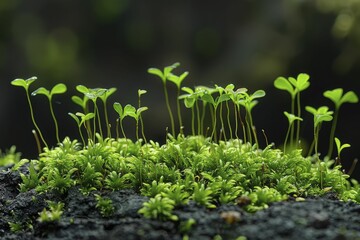 macro shot captures a moss patch with green textures and tiny life forms emerging on a black backgro