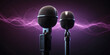 Microphone on stage with sound waves coming out of it, plain studio background, isolated on dark background, as a wide banner for media conversations or podcast with copy space area.