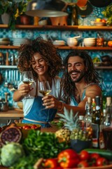 Wall Mural - Cheerful couple raise wine glasses in a toast amidst a vibrant kitchen, surrounded by fresh produce and cooking essentials. Domestic love moments