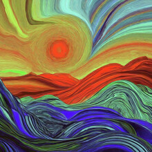 Otherworldly Abstract Multicolored Seascape With High Seas And A Vivid Red Sun Enveloped In A Whorl Of Orange And Yellow, For Marine, Meteorological, And Artistic Motifs
