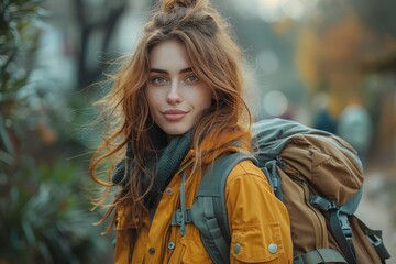 A woman with long hair and a yellow jacket is photographed on an autumn outdoor trail with a backpack