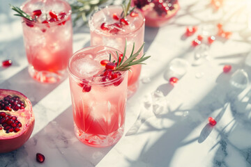 Wall Mural - Drinks with pomegranate and rosemary on a beautiful light background with space for text
