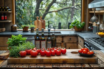 Wall Mural - A well-stocked kitchen scene with a variety of oils, fresh herbs, and tomatoes on a wooden table