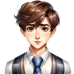 Wall Mural - Brown Bliss: Watercolor Portraits of a Cute Boy Character with Brown Hair in Various Outfits(Generative AI)