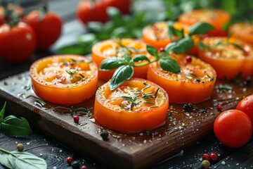 Wall Mural - Sliced tomatoes seasoned with herbs on a rustic wooden board, ready for a healthy meal preparation