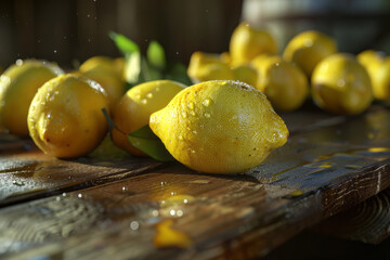 Wall Mural - Beautiful fresh lemons with water drops and green leaves on a beautiful wooden background with space for text or inscriptions
