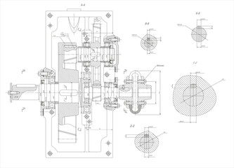 Wall Mural - assembly drawing of reducer. vector drawing of steel mechanical device with shaft, gear, bolted conn
