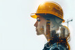 © Viktoriia - Collage silhouette of a woman in profile in a yellow helmet, in a silhouette image of buildings under construction, on a white background. Generative AI