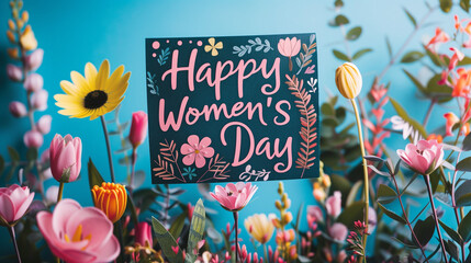Wall Mural - International Women's Day background with copy space, Women's Day holiday with flowers, text and copy space