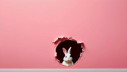 Poster - Easter bunny poster peeking out of a hole in the pink wall with copy space, rabbit jumps out of a torn hole created with generative ai	