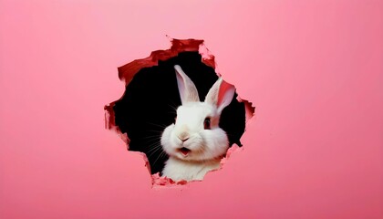 Poster - Easter bunny poster peeking out of a hole in the pink wall with copy space, rabbit jumps out of a torn hole created with generative ai	