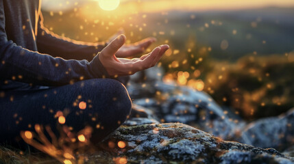 open hands of meditation and spirituality lifestyle receiving the sun's rays in the middle of nature