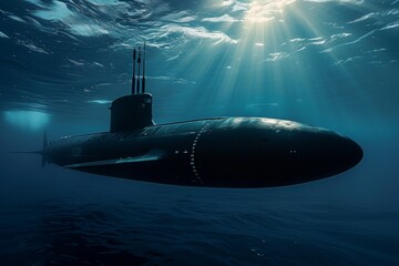 Poster - A submarine is in the water, with the sun shining on it