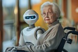 Fototapeta  - An elderly woman sits in a wheelchair next to a robot