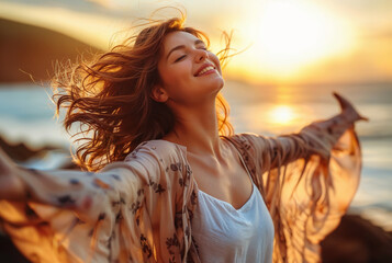 Poster - A woman enjoys a beautiful moment in life. Background with selective focus and copy space