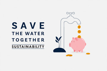 Aufkleber - Save Water Concept. Piggy bank with drop of coins from faucet. Sustainable ecology and environment conservation concept design. Vector illustration.