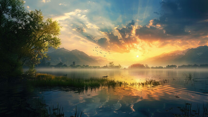 Wall Mural - Beautiful HD wallpaper of a sunset on the lake