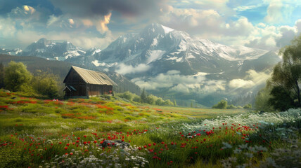 Wall Mural - Beautiful HD wallpaper of a landscape with a cabin and mountains