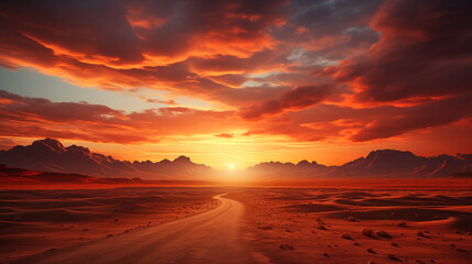 Desert Road sunset. The sky is ablaze with orange, pink, and purple hues, with wispy clouds scattered throughout. The dirt road is empty and there is no sign of people or cars.