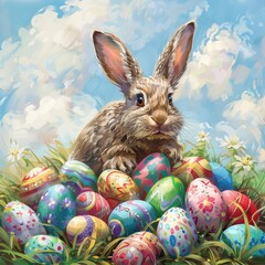 Wall Mural - Happy Easter Bunny with many colorful easter eggs.