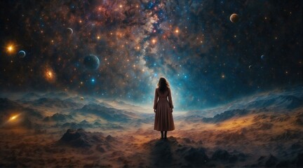 Wall Mural - a woman standing in front of a galaxy with stars and planets. generative ai.