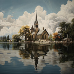 Sticker - church on the lake