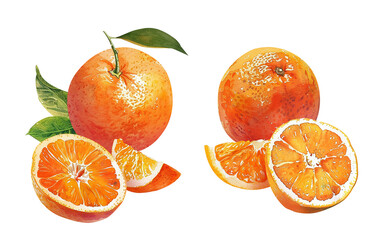 Watercolor set of oranges with hand paint texture on a transparent background, sliced ​​orange, and orange segments, and leaves.