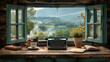 © Stock Media Labs - A home office setup include a vintage wooden desk with a classic typewriter, an old leather-bound journal, cup of steaming tea. A window showing a view of rolling hills and serene lake.