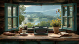 A home office setup include a vintage wooden desk with a classic typewriter, an old leather-bound journal, cup of steaming tea. A window showing a view of rolling hills and serene lake.