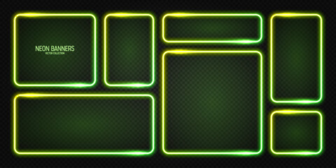 Wall Mural - glowing neon banners, illuminated colorful square frames. shiny vibrant border, glow effect. green v