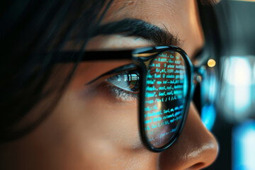 Wall Mural - woman wear glasses looking Code Projected on Face and Reflecting. Software Developer Working on Innovative e-Commerce. ai generative