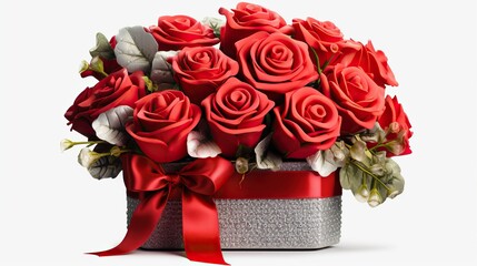 Sticker - Bouquet of red roses in a basket isolated on white background