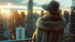 A stylish woman in a long fur coat and cloche hat looks out over the city skyline from a rooftop bar the softness of her retro glamour contrasting with the modern steel and
