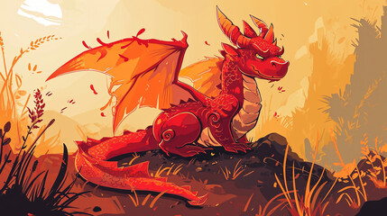 Wall Mural - red dragon on the stone 