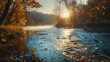 A picturesque autumn landscape featuring a slow-moving river with turquoise waters, surrounded by trees showcasing a spectrum of fall colors, and the sun rising gently to warm the chilly morning. 8k