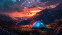 The Beauty And Seclusion Of Camping In The Wilderness Are Highlighted By A Single, Vivid Blue Tent Glowing Softly Against A Backdrop Of Untamed Mountains And A Sky Painted With The Fiery Tones Of Suns