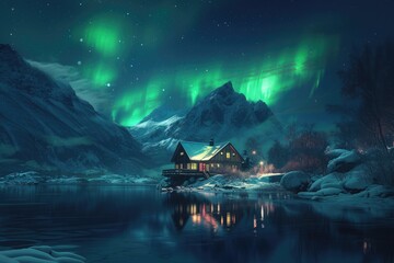 Wall Mural - A picturesque scene on a crisp winter night, where the Northern Lights cascade over a house by the lake, with the mountains providing a stunning backdrop. 8k