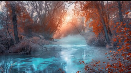 Wall Mural - a misty autumn sunrise over a secluded creek, the water a striking shade of turquoise against the ri