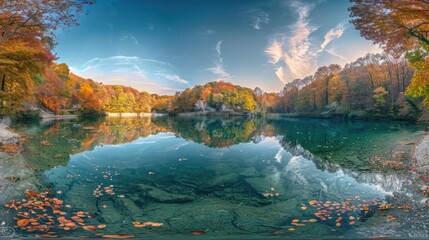 Wall Mural - An expansive view of a serene pond encircled by forests glowing in the colors of fall, illuminated by the first rays of the sun 