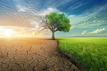 A tree is shown in two different stages, one with a barren, dry landscape. Generative AI.