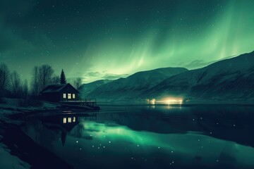 Wall Mural - An isolated home sits next to a lake in this serene winter night scene, which also includes mountains that are silhouetted against the sky and aurora borealis reflections in the water. 