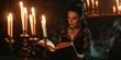 Amidst the shadows, a witch donning an exquisite lace dress recites a powerful spell from her ancient grimoire, her book illuminated by the dancing candlelight.