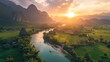 Aerial view of Vang Vieng landscape, Laos at sunset.
