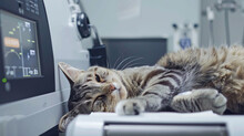 A Serene Tabby Cat Comfortably Lounges Atop An Office Desk, Surrounded By High-tech Equipment.