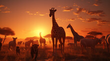Lions Giraffes And Other Wild Creatures Are Seen In Jungle Under Sunset