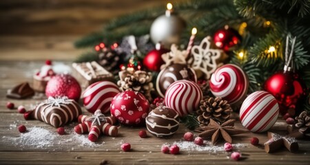 Sticker -  Joyful Christmas decorations on a rustic table