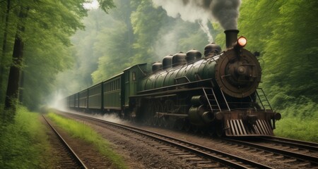 Canvas Print -  Vintage steam locomotive journeying through a lush forest