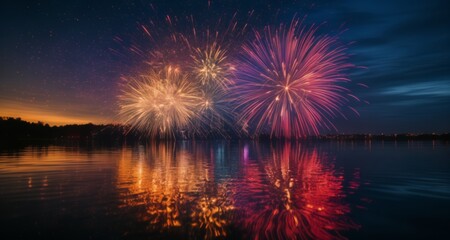 Wall Mural -  Spectacular fireworks display over tranquil lake at dusk