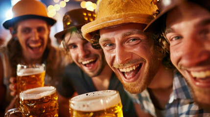 Wall Mural - A group of people wearing silly oversized foam hats shaped like giant beer steins with big smiles on their faces.