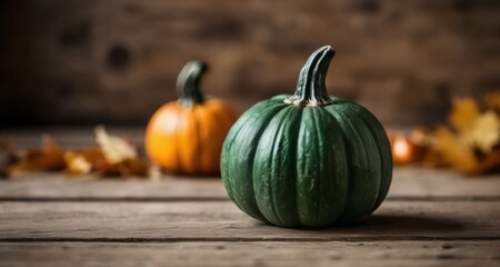 Wall Mural -  Autumn's bounty - Pumpkins and leaves on a rustic table